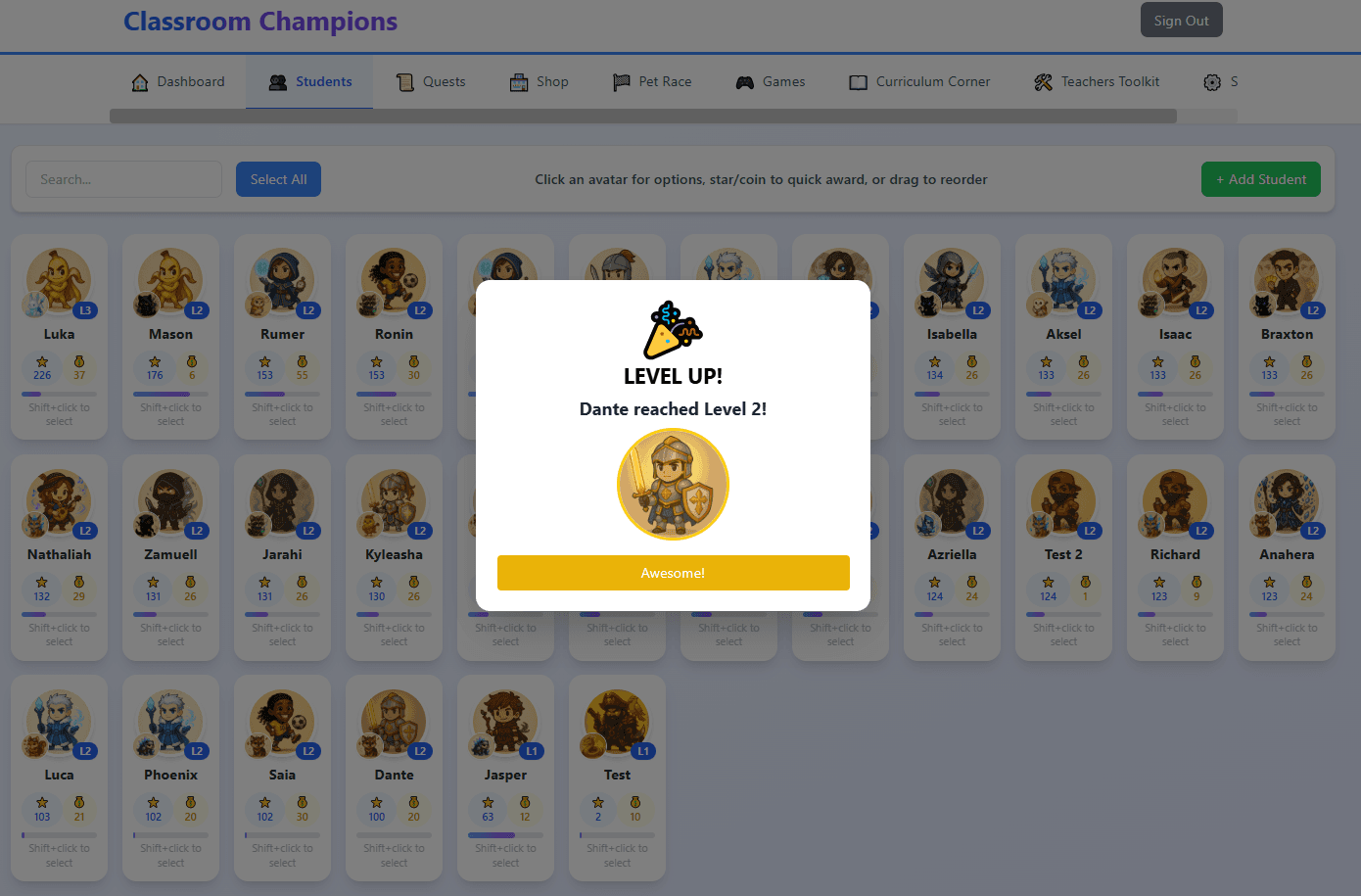 Student avatar leveling up inside Educational Elements