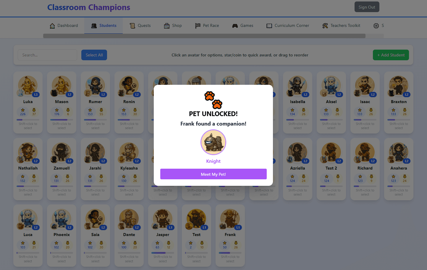 Unlocking classroom companion pets