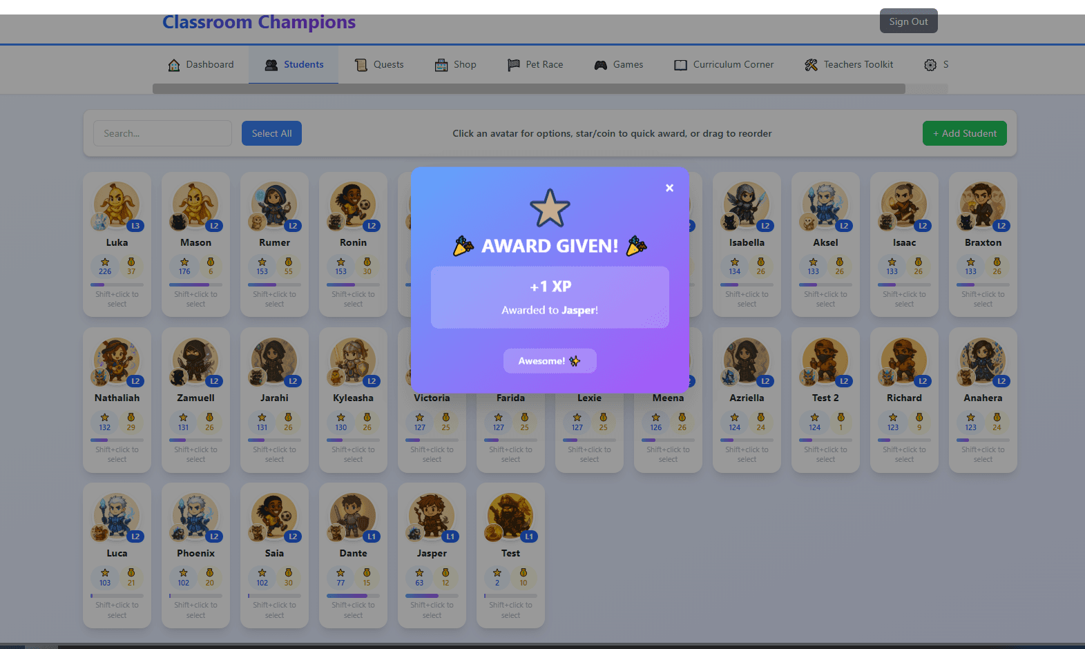 Classroom Champions XP award celebration